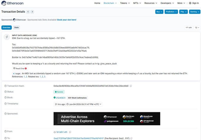 The image shows an error message from Etherscan that appears to be about a bot trading bot accidentally sending 167 $ETH (or $300,000) to a random wallet. The text suggests that there might be a bounty for its return.