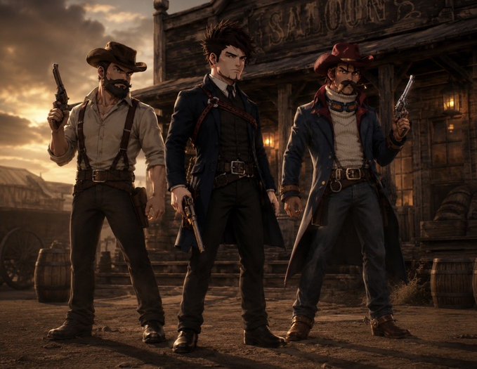 Three armed Desperados NFT characters stand alert outside the “SALOON 2” at sunset, poised for the commotion hinted at in the caption.