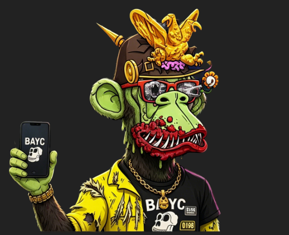 Digital NFT artwork of a cartoon zombie monkey character wearing a spiked helmet, sunglasses, and a 'BAYC' (Bored Ape Yacht Club) shirt, holding a phone displaying the BAYC logo.