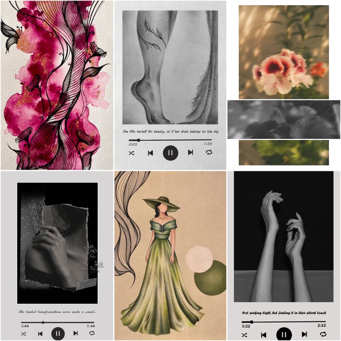 A collage of six aesthetic images featuring pink floral ink art, legs, pink flowers, a music player with the lyrics 'She lifts herself for beauty, as if her dress belongs to the sky', another music player with 'She looked familiarities never make a sound...', a woman in a green dress, and hands with 'Not seeing light, but finding it in their silent touch'.