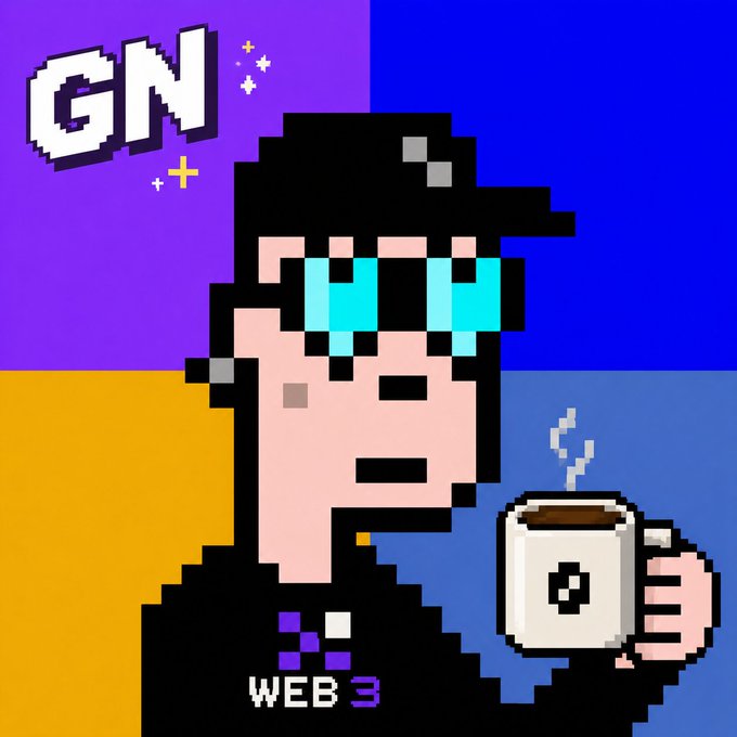 A pixel art illustration of a person with cyan pixelated glasses holding a steaming coffee mug, wearing a 'WEB 3' shirt, against a colorful purple, yellow, and blue background with 'GN' text.
