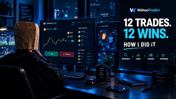A promotional graphic for WahooPredict featuring a person with a paper bag over their head at a computer showing trading charts, with the tagline '12 TRADES. 12 WINS. HOW I DID IT' and tags 'RESEARCH, FORM, SQUADS, RANKINGS'.