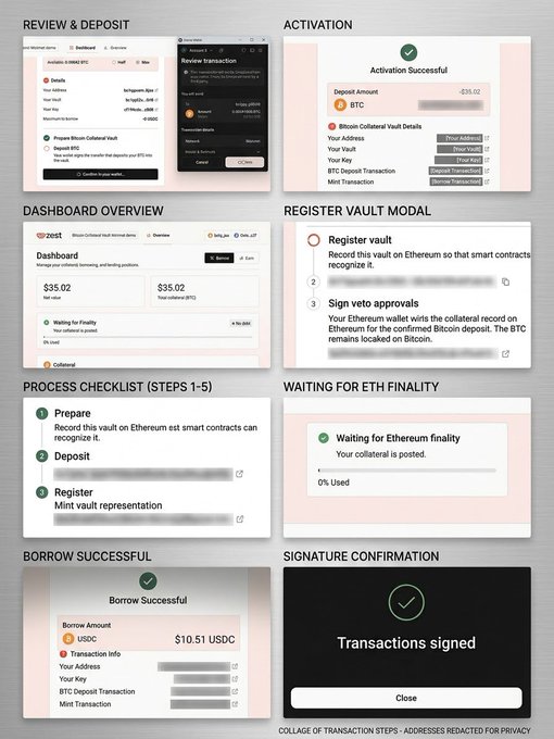 A UI design collage shows eight cryptocurrency transaction screens labeled "REVIEW & DEPOSIT," "ACTIVATION," "DASHBOARD OVERVIEW," "REGISTER VAULT MODAL," "PROCESS CHECKLIST (STEPS 1-5)," "WAITING FOR ETH FINALITY," "BORROW SUCCESSFUL," and "SIGNATURE CONFIRMATION."