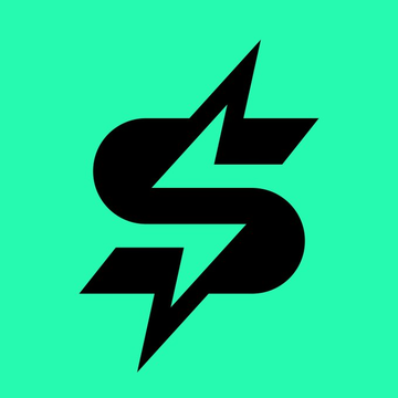 A bold black stylized 'S' logo with lightning bolt elements on a bright green square background.