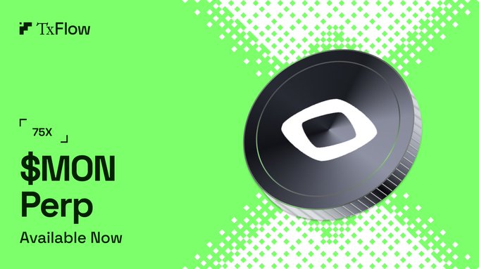 A vibrant green promotional graphic from TxFlow announcing the listing of $MON perpetual futures with up to 75x leverage, featuring a black circular token emblem on the right alongside the "75X $MON Perp Available Now" text on the left, directly supporting the post's announcement about Monad's new high-leverage trading availability on the platform.