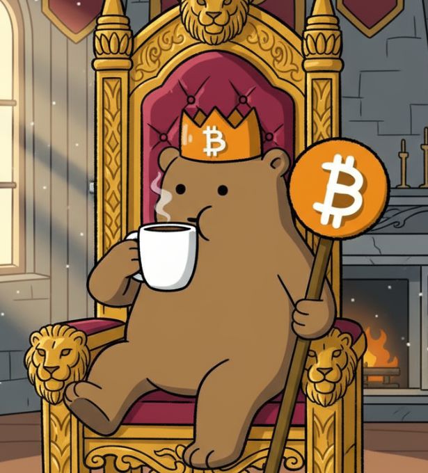 A cartoon bear wearing a Bitcoin crown sits on a golden throne sipping coffee and holding a "₿" sign, fitting the "GM" (Good Morning) post as a relaxed, royal morning greeting from crypto's bear mascot.