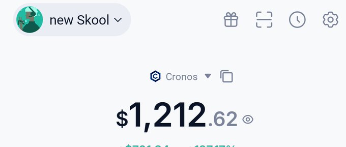 Digital wallet interface showing 'new Skool' with a Cronos token balance of $1,212.62 and a green upward price change.