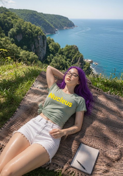 A young woman with purple hair wearing a green 'Nucleus' t-shirt and white shorts, lounging on a blanket overlooking a scenic coastal cliff with turquoise water.