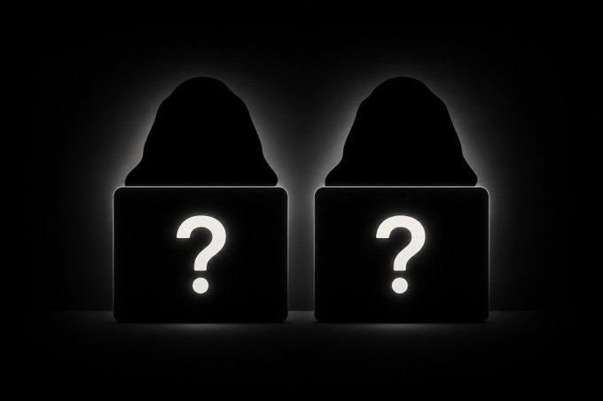 The image shows two glowing silhouette figures sitting behind laptops displaying question marks, symbolizing anonymous or unknown entities. This visually represents the "2 new perp DEXs" mentioned in the post, with the question marks hinting at the mystery and obscurity of these early-stage projects that few people are talking about yet.