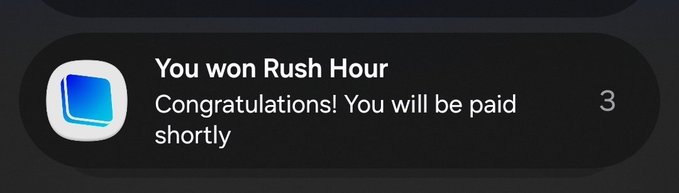 This image shows a notification that reads "You won Rush Hour. Congratulations! You will be paid shortly." The post implies disappointment because the notification is misleading, as the user didn't actually win anything significant.