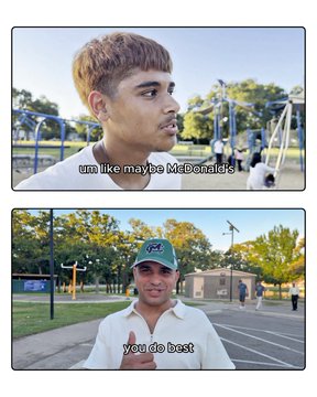 Two screenshots from a video featuring a young man at a park/basketball court, with captions 'um like maybe McDonald's' and 'you do best'.