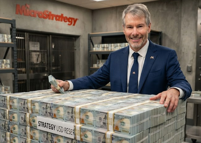 Michael Saylor stands proudly behind massive stacks of $100 bills labeled "STRATEGY USD RESERVE" in a vault-like room branded with the "MicroStrategy" logo, visually representing the company's bolstered $4.65 billion cash position and 2.7-year dividend coverage highlighted in the announcement.