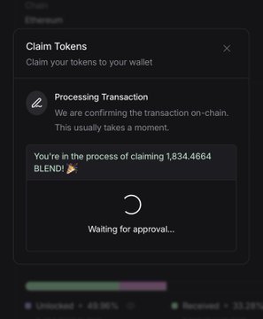 A mobile app screen showing a 'Claim Tokens' modal processing a transaction for 1,834.4664 BLEND tokens on the Ethereum network, with a 'Waiting for approval...' spinner.