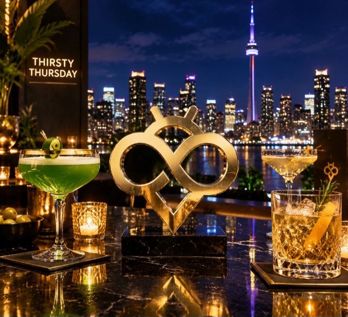 A 'Thirsty Thursday' promotional image featuring cocktails and a gold infinity-heart sculpture with the Toronto skyline and CN Tower in the background.