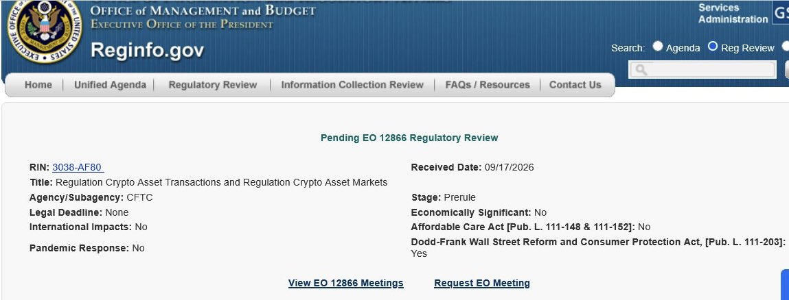 A screenshot of the Reginfo.gov website from the Office of Management and Budget, displaying a 'Pending EO 12866 Regulatory Review' for 'Regulation Crypto Asset Transactions and Regulation Crypto Asset Markets' submitted by the CFTC, received on 09/17/2026.
