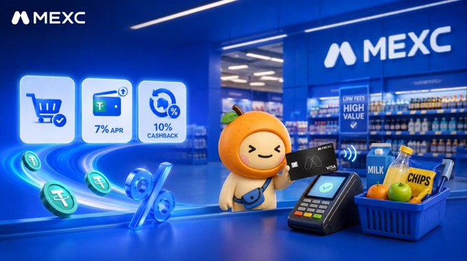 A promotional graphic for MEXC cryptocurrency exchange featuring a mascot, a payment terminal, a shopping basket with groceries, and text indicating '7% APR' and '10% CASHBACK'.