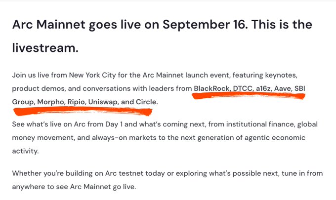 Text announcing 'Arc Mainnet goes live on September 16' featuring keynotes and conversations with leaders from BlackRock, DTCC, a16z, Aave, SBI Group, Morpho, Ripio, Uniswap, and Circle.