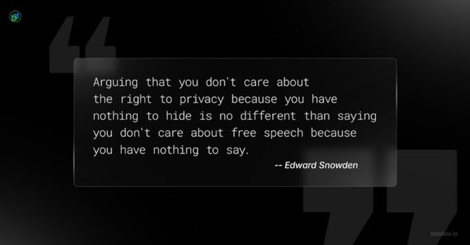 A black background with large quotation marks framing a text quote by Edward Snowden about privacy and free speech, with a 'BeInCrypto' watermark.
