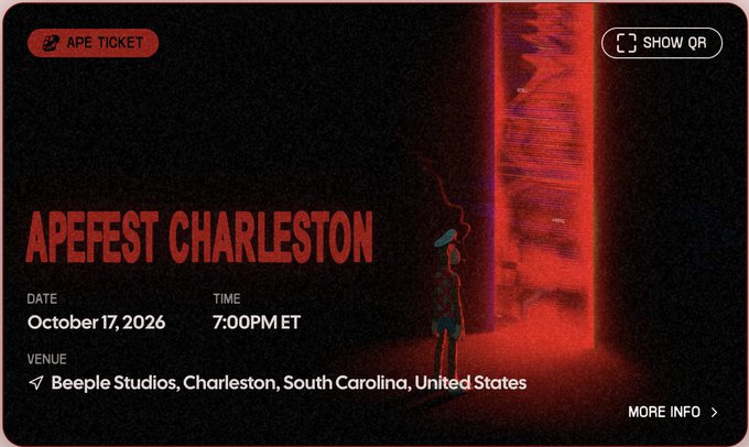 A digital ticket for 'APEFEST CHARLESTON' shows the date October 17, 2026, at 7:00 PM ET, with the venue listed as Beeple Studios in Charleston, South Carolina.