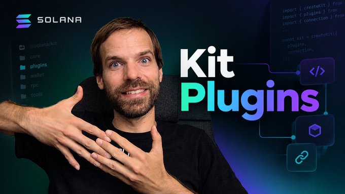 A man gesturing excitedly in front of a graphic promoting Solana 'Kit Plugins' showing directory structure and code snippets.