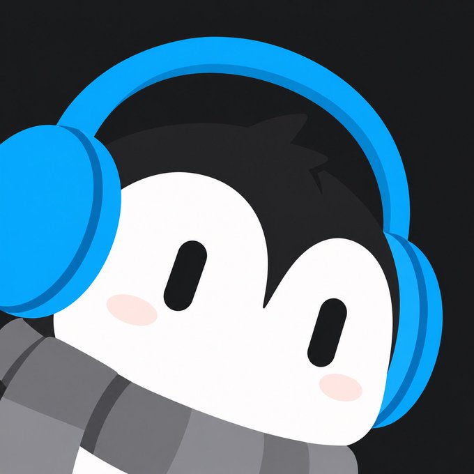A cartoon character with a black and white face, pink blushing cheeks, a grey striped scarf, and large blue headphones against a black background.