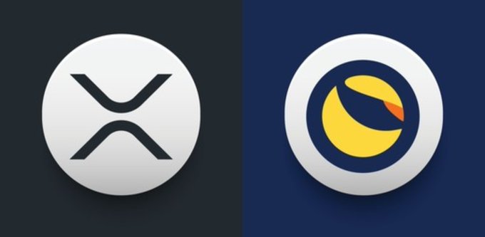 Two cryptocurrency logos side by side: the white XRP (Ripple) logo on a dark background on the left, and the yellow LUNA (Terra/Luna) logo on a blue background on the right.