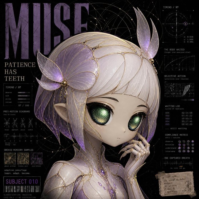 An anime-style digital artwork featuring a character labeled 'MUSE' with the text 'PATIENCE HAS TEETH,' surrounded by technical data panels and labeled 'SUBJECT 010.'
