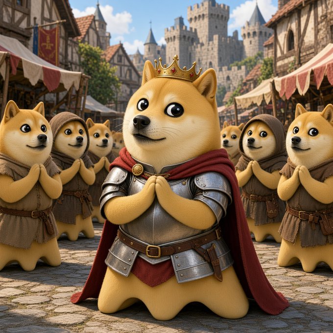 A cartoon-style illustration of a Shiba Inu dog wearing armor and a red cape with a gold crown, standing with paws clasped in prayer, surrounded by other similarly dressed dog followers in a medieval marketplace.