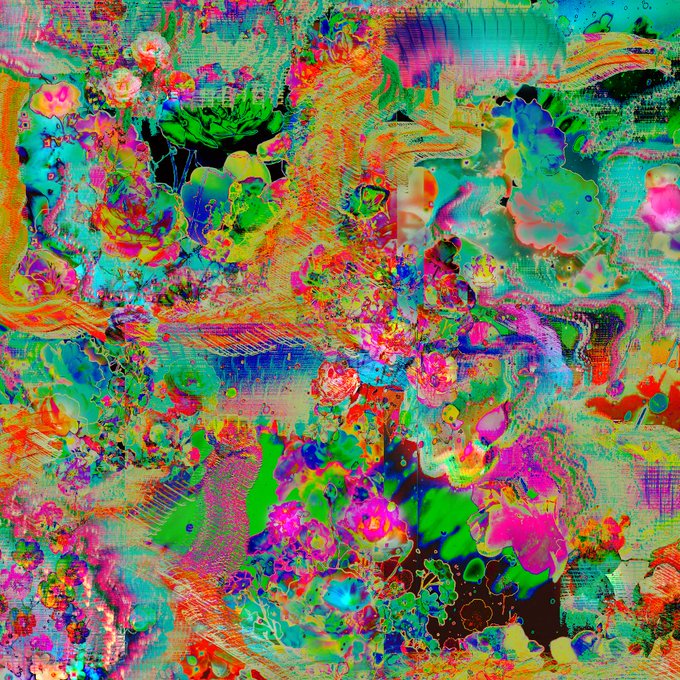 A highly abstract and colorful digital artwork with swirling patterns, vibrant pinks, greens, blues, and oranges that resemble flowers or organic shapes.