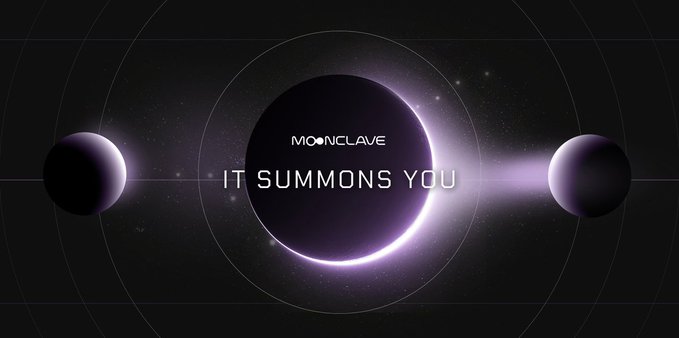 A dark cosmic graphic for 'MOONCLAVE' featuring eclipse-like planetary spheres with the text 'IT SUMMONS YOU' in the center.
