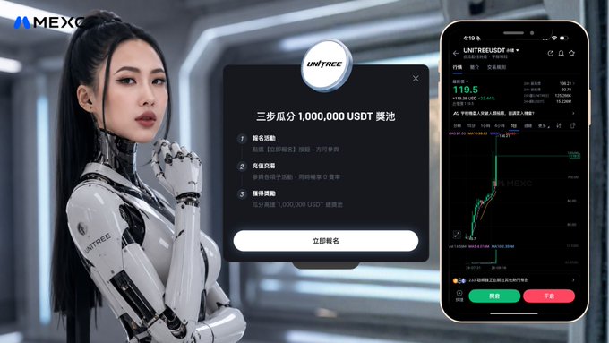 An advertisement featuring a robotic woman alongside a smartphone screen showing the MEXC exchange app and a popup for 'UNITREE' offering to share a 1,000,000 USDT prize pool.