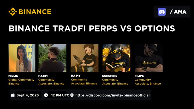 A Binance promotional graphic for an AMA event titled "BINANCE TRADFI PERPS VS OPTIONS" on September 4, 2026, at 12 PM UTC, featuring five Binance Community Associates (Millie, Hatim, Ha My, Sunshine, and Filipe), with a Discord link and Binance branding, matching the accompanying post about the live AMA and Kahoot happening on Binance's Discord.