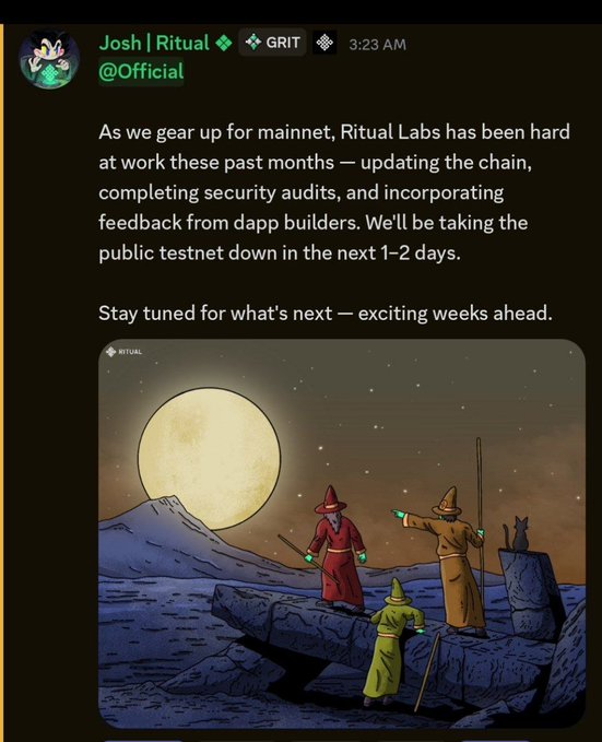 A Discord message from 'Josh | Ritual' (@Official) posted at 3:23 AM announcing that Ritual Labs will take down the public testnet in 1-2 days as they prepare for mainnet, accompanied by an illustration of three robed wizards under a full moon.