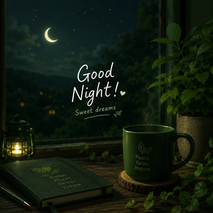 The image features a green mug of coffee sitting next to an open notebook with a pen inside. The background shows a night sky filled with stars and a moon, creating a serene atmosphere. The caption for the image reads "Good night, X family! I've seen plenty of creator campaigns, but many of them end up rewarding only the biggest voices. What stands out about @CNPYNetwork is their effort to give more creators a chance to participate and earn".
