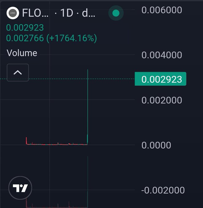 A 1D candlestick chart shows FLO token (Flork) surging 1,764.16% to 0.002923, with a dramatic green volume spike on the right side of the chart. The image illustrates the post's claim that Flork has emerged as the latest meme coin to experience a sudden pump, following trends like Ansem on Solana.