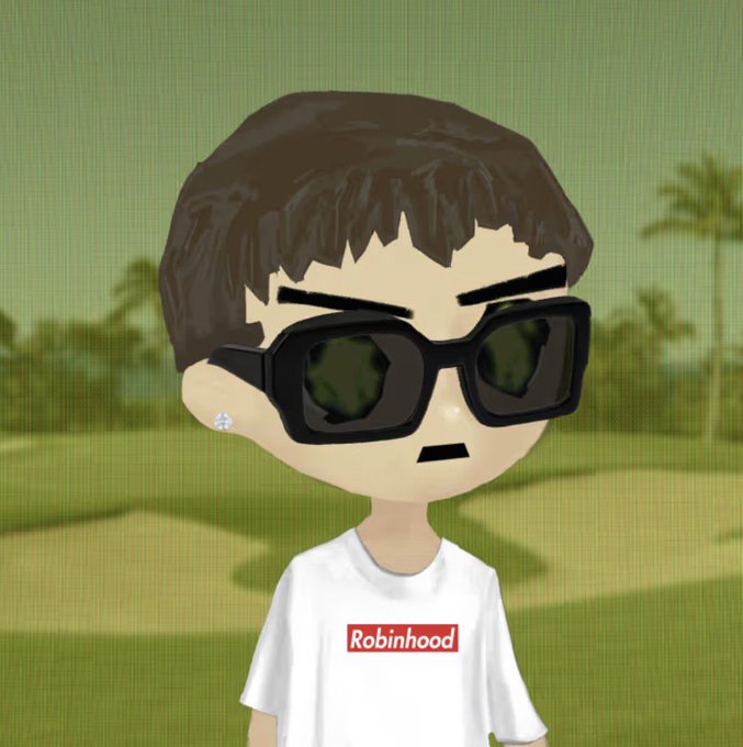A cartoon avatar of a person with dark hair, black sunglasses, and a white 'Robinhood' t-shirt against a green landscape.