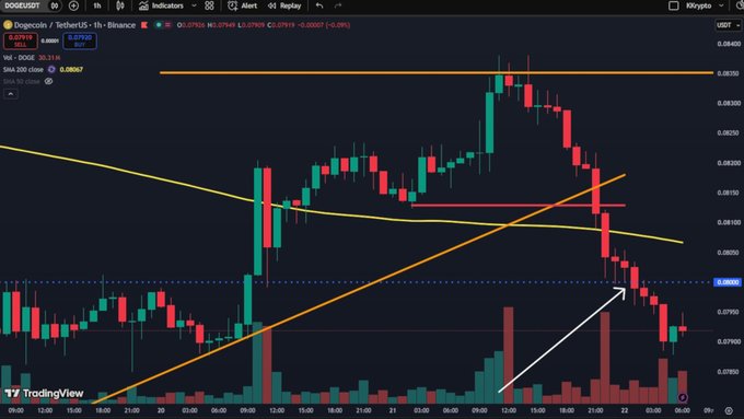 A DOGE/USDT candlestick chart shows DOGE rejecting the $0.0835 level and breaking below $0.0800 support, with a white arrow pointing to the breakdown near 8 cents as price falls into the $0.077–$0.079 range. Key visible levels include $0.0835, $0.0800, $0.0774, and $0.0757, on a 1-hour Dogecoin chart.