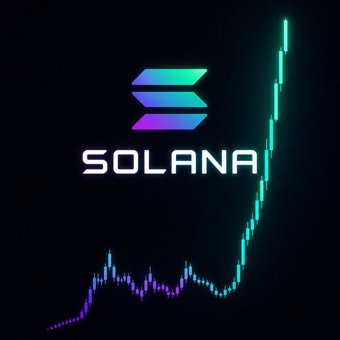 A digital graphic featuring the 'SOLANA' logo in glowing neon letters above an upward-trending green and purple candlestick chart on a dark background.