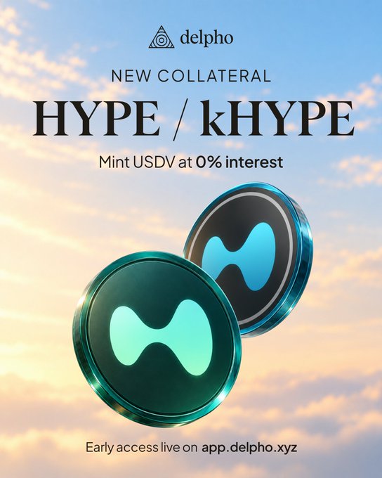 A promotional image for Delpho announcing "NEW COLLATERAL HYPE / kHYPE - Mint USDV at 0% interest," displaying two stylized blue and green HYPE token logos against a cloudy sky background.