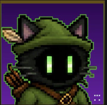 A pixel art character featuring a black cat-like face with glowing green eyes, wearing a green hooded cloak with ears and carrying a small quiver of arrows, set against a purple background.