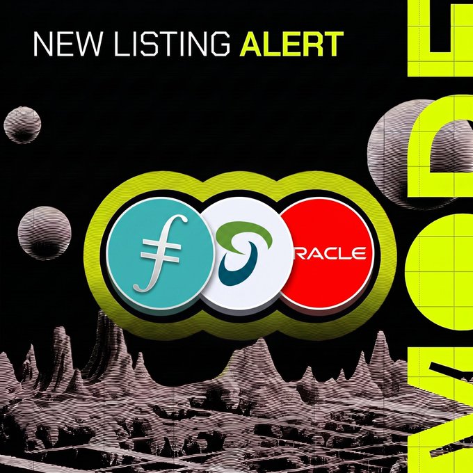 The image is a promotional graphic announcing "NEW LISTING ALERT" featuring circular logos for Filecoin (FIL), TQQQ, and Oracle (ORCL) against a stylized black and neon-green sci-fi landscape with planets. The graphic visually corresponds to the post's announcement that these three assets are now available for long or short AI trading on Mode Trade with up to 10x leverage.