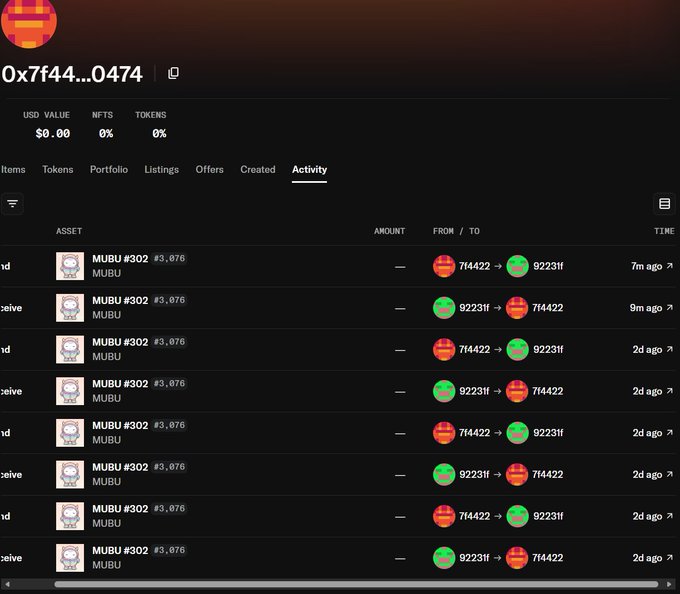 A digital wallet activity feed for the address "0x7f44...0474", showing repeated transactions of "MUBU #302" being traded between addresses "714422" and "9223ff" over the past two days.