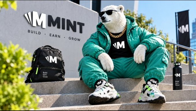 A polar bear mascot wearing sunglasses, a gold chain, and a teal puffer jacket sits on steps next to MINT branded merchandise with the tagline 'BUILD · EARN · GROW'.