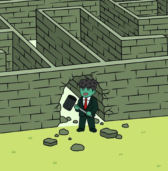 A cartoon illustration of a green-skinned character in a dark green suit and red tie using a sledgehammer to break through a gray brick wall, with a maze of brick walls in the background and green grass with scattered stones in the foreground.
