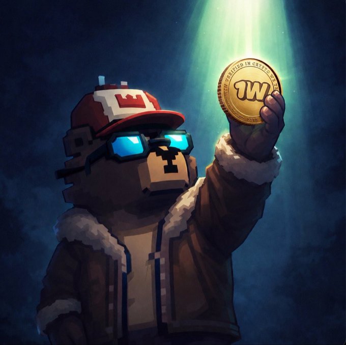 urn of gold coins, a red and white hat, and glasses are held by a bear character with a brown fur coat and blue eyes against a dark background.