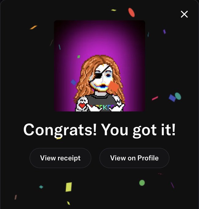 A digital celebration screen displays 'Congrats! You got it!' with a pixel art character featuring an eye patch, rainbow lips, and a heart shirt, surrounded by confetti, with options to view the receipt or profile.