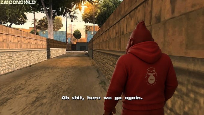 A video game screenshot (GTA-style) shows a character in a red hoodie with a monkey logo from 'ZMOONCHILD' walking down an alley with the caption 'Ah shit, here we go again.'