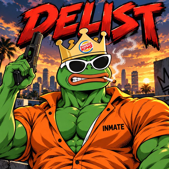 A comic-style illustration of a muscular green Pepe the Frog wearing sunglasses, a Burger King crown, and an orange 'INMATE' jumpsuit, holding a gun and a cigarette with 'DELIST' in large red text above.