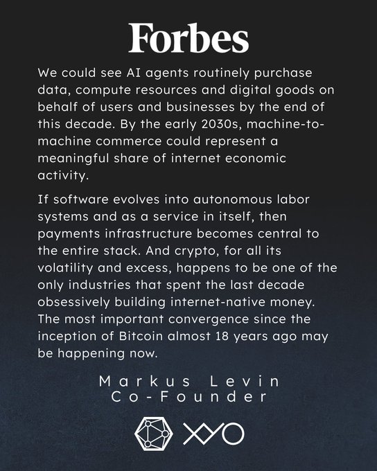 A Forbes article quote graphic by XYO Co-Founder Markus Levin, discussing how AI agents will routinely purchase data, compute resources, and digital goods by the end of the decade, positioning crypto as critical payments infrastructure for machine-to-machine commerce.