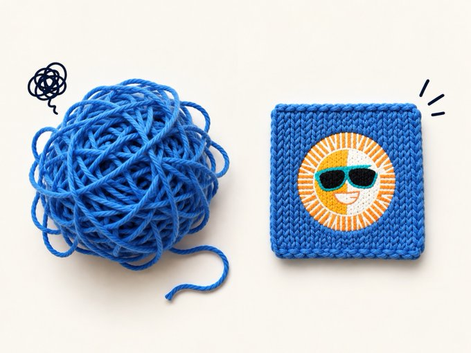 A tangled ball of blue yarn with a confused scribble sits next to a neatly knitted blue square featuring a smiling sun wearing sunglasses, visually representing the "untangle the chaos" message of transforming on-chain confusion into clarity for the SUN community.